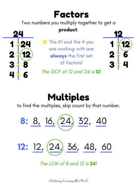 Gcf And Lcm Anchor Chart, Factors And Multiples 4th Grade, Factors And Multiples Worksheet, Multiples Worksheet, Gcf And Lcm, Lcm And Gcf, Math Worksheets For Kids, Factors And Multiples, Teaching Math Strategies