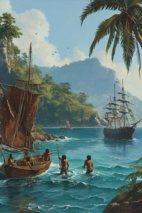 Try This in Midjourney (v6) : /imagine : native arawak indians sailing in a small indigenous boat between islands in the carribean. There is a large european pirate ship in the far distance approaching the islands and the boat. --v 6.0 #natives #newworld #aiart #caribbean Pirate Stuff, Sinking Ship, The Carribean, The New World, Red Cap, Tall Ships, Pirate Ship, Caribbean Islands, The Boat