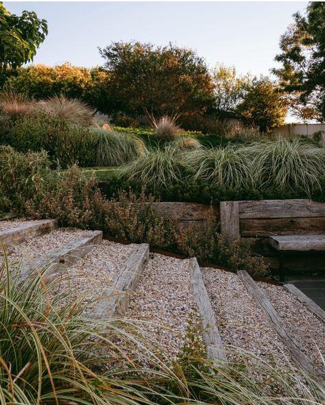 Stone Steps On Hill, Gardening On A Hill, Bohemian Landscape, Country Garden Design, Landscaping Retaining Walls, Garden Stairs, California Garden, Australian Garden, Gravel Garden