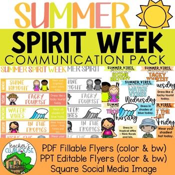 Looking for fun school spirit week ideas for June? Summer Spirit Week lets students show school spirit in fun ways daily!Save 50% off all Spirit Day and Spirit Week packs by purchasing the yearlong Spirit Week Growing Bundle - plus get ALL future additions FREE!This fun-filled week includes the following spirit days:Shine Bright Monday (wear your brightest, neon colors)Tacky Tourist Tuesday (dress like a tacky tourist)Water Vibes Wednesday (wear all shades of blue)Tropical Thursday (wear tropical attire)Beat the Heat Friday (wear your shadiest hat)Spirit Week Packs include:1. PDF fillable form flyers/signs (for adding dates before printing) - color and black/white versions2. PowerPoint editable flyers/signs (for customizing your own text before printing or saving) - color and black/white v Summer Spirit Week Ideas, Dress Up Themes Spirit Weeks, Dress Up Days For School Spirit Weeks, School Spirit Week Ideas, Spirit Week Ideas, Tacky Tourist, Monday Wear, Friday Wear, School Spirit Week