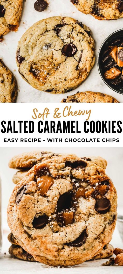 Indulge in the perfect blend of sweet and salty with these salted caramel chocolate chip cookies, featuring chunks of salted caramel candy for a delightful chew. Each bite offers a soft texture that melds the rich chocolate chips with the gooey caramel pieces. It's a heavenly treat that balances the sugary sweetness with a hint of sea salt, making it an irresistible snack at any time of the day. Chocolate Caramel Sea Salt Cookies, Gluten Free Salted Caramel Chocolate Chip Cookies, Dark Chocolate Sea Salt Caramel Cookies, Sea Salt And Caramel Cookies, Chocolate Chip Caramel Walnut Cookies, Salty Caramel Cookies, Salted Toffee Chocolate Chip Cookies, Trader Joe’s Salted Caramel Chips, Chocolate Chip And Caramel Cookies