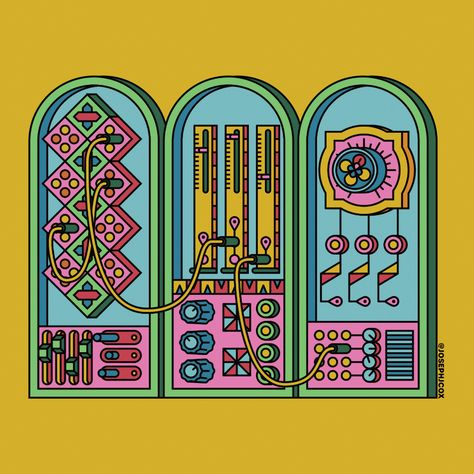 Modular Synth Art, Synthesizer Illustration, Retro Music Art, Mexican Architecture, Types Of Sound, Diy Tape, Wall Text, Sound Art, Picture Boxes