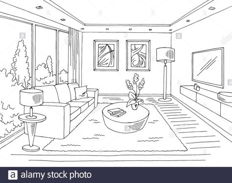 Room Perspective Drawing, Living Room Illustration, Perspective Room, Interior Design Sketchbook, Black White Home, Casa Interior, Perspective Drawing Architecture, Drawing Interior, Interior Architecture Drawing