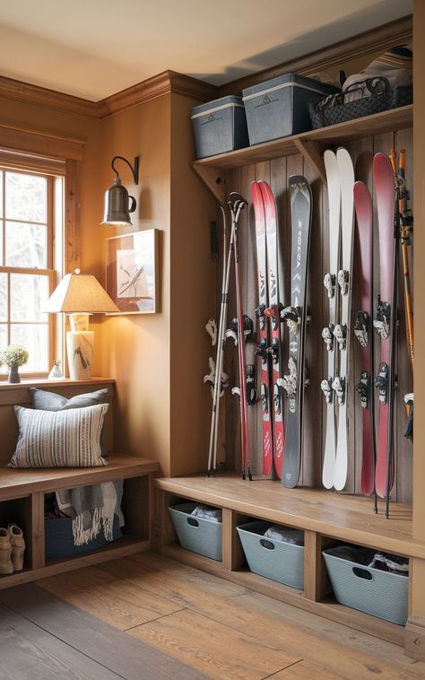 A ski mudroom equipped with a DIY ski rack and organized storage for ski gear. Ski Rack Diy, Ski Gear Storage, Diy Ski Rack, Ski Mudroom, Ski Mud Room, Ski Racks, Diy Storage Solutions, Ski Rack, Gear Storage