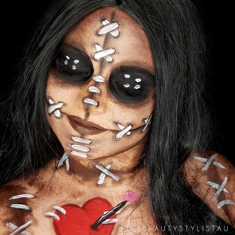 Voodoo Doll Halloween Makeup Voodoo Doll Costume Makeup, Voodoo Doll Makeup Halloween, Voodoo Halloween Makeup, Creepy Doll Makeup Halloween, Voodoo Doll Halloween Costume, Creepy Doll Halloween Costume, Voodoo Doll Makeup, Scary Doll Makeup, Voodoo Makeup