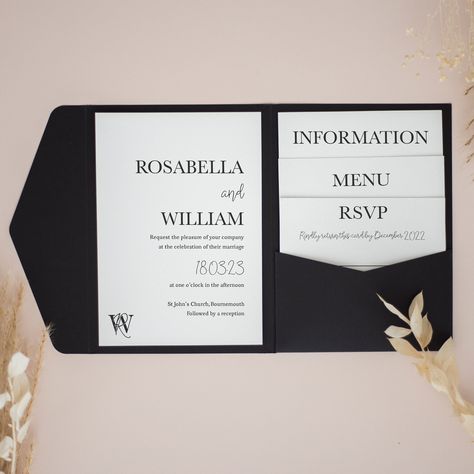 Our beautiful pocketfold invitations are the perfect way to invite your guests to your wedding! We have lots of different designs to choose from, which can be personalised to your exact requirements! 𝗣𝗥𝗢𝗗𝗨𝗖𝗧 𝗗𝗘𝗧𝗔𝗜𝗟𝗦 𝙎𝙞𝙯𝙚𝙨: Invitation & Inserts are A6 (10.5 × 14.8cm) with staggered heights on the different inserts. 𝘾𝙖𝙧𝙙𝙨𝙩𝙤𝙘𝙠: Printed onto 350gsm white card 𝙋𝙤𝙘𝙠𝙚𝙩𝙛𝙤𝙡𝙙𝙨: 80+ colours to choose from, 250-300gsm cardstock 𝙀𝙣𝙫𝙚𝙡𝙤𝙥𝙚𝙨: White mailing envelopes included when ordering pocketfolds with invitations & inserts only 𝙈𝙞𝙣𝙞𝙢𝙪𝙢 𝙊𝙧𝙙𝙚𝙧: We have a minimum order of 20 pocketfolds 𝗗𝗘𝗦𝗜𝗚𝗡 𝗗𝗘𝗧𝗔𝗜𝗟𝗦 All of our designs can be adapted to suit your wedding requirements. We can change the fonts, layout, wording and colours to ensure t Pocket Envelope Wedding Invitation, Wedding Invitation Stack, Wedding Invitation Envelope Ideas, Black Wedding Invitations Classy, Pocket Invitations Wedding, Wedding Invitations Black And White, Pocketfold Wedding Invitations, Invitation Inserts, Pocketfold Invitations