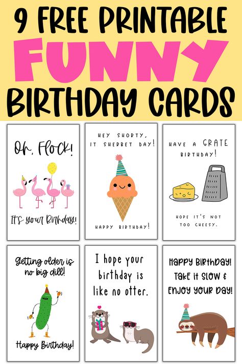 Download this set of 9 funny homemade birthday cards! These free printable birthday cards are an inexpensive alternative to typical store bought greeting cards. Plus, they’re unique. The insides are blank so that you can add your own message. A free Belated birthday card is included in this set. There are cards from a single person and also from groups. Fun Birthday Card Ideas Diy, Funny Belated Birthday Cards, Funny Diy Birthday Cards Friend, Birthday Card Funny For Him, Happy Birthday Card Funny Friends Humor, Funny Card Ideas For Friends, Cute Friend Birthday Cards, Diy Funny Birthday Cards, Funny Homemade Birthday Cards