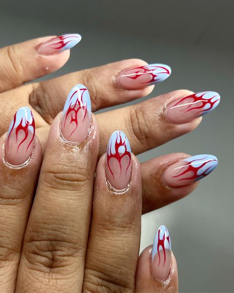 Red And Blue Nails Design Color Combos, Red And Blue Nail Ideas, Red Edgy Nails, Motorcycle Nails Designs, Light Blue And Red Nails, Edgy French Tip Nails, Racer Nails, Blue And Red Nails Designs, Red And Blue Nails Design