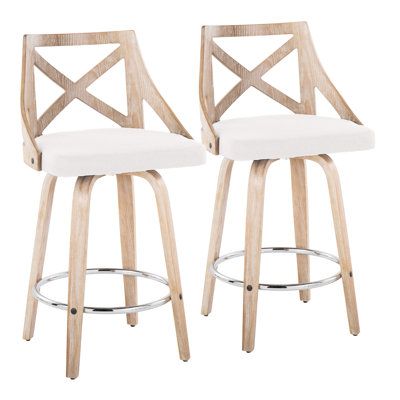 Blending modern and farmhouse design, this 2-piece bar and counter stool set brings function and style to your kitchen island or home bar. Each piece is crafted from metal and engineered wood with a natural, weathered brown finish, and they rest on wooden tapered legs for a mid-century silhouette we love. These dining stools showcase a padded contoured seat wrapped in a polyester blend for a cushioned feel. The open, X-shaped accent on the back gives them a warm look that reminds us of vintage b White Washed Wood, Wood Counter Stools, Swivel Counter Stools, Dining Stools, Bent Wood, Whitewash Wood, Wood Counter, Swivel Stool, Swivel Seating