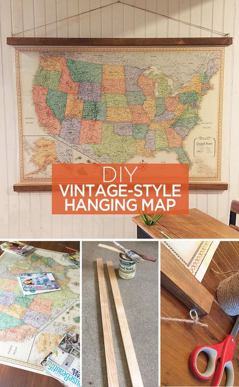 DIY vintage-style hanging map - great ideas to use as home decor or wall art for a home office or kids playroom. This would work great in a classroom or school too. Diy Home Decor For Apartments, Easy Diy Decor, Dekor Diy, Traditional Interior Design, Map Decor, Vintage Diy, Decor Guide, Easy Home Decor, Diy Vintage