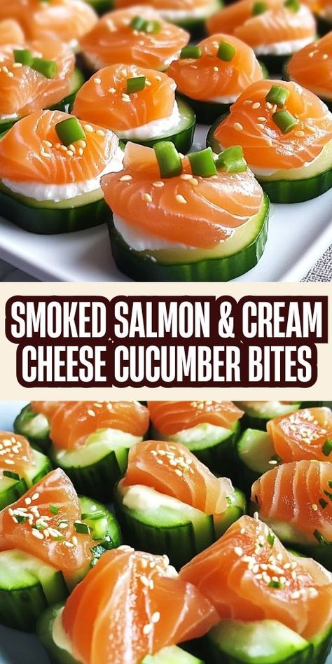 Looking for a light, delicious, and easy appetizer for your next party or gathering? These Smoked Salmon & Cream Cheese Cucumber Bites are the perfect choice! 🧑‍🍳 Fresh cucumber, creamy cream cheese, and rich smoked salmon combine to create a refreshing, bite-sized snack that everyone will love. Perfect for holidays, 🍣 #CucumberBites #SmokedSalmonAppetizer #HealthySnacks #PartyFood #Appetizers #HealthyEating #FreshRecipes #QuickRecipes #LightAppetizers #EasyAppetizers Smoked Salmon Skewer Appetizer, Low Carb Smoked Salmon Recipes, Salmon Recipes Appetizer, Cucumber Smoked Salmon Appetizer, Smoked Salmon Cucumber Bites, Salmon Cucumber Appetizer, Salmon Bites Appetizers, Salmon And Cream Cheese Recipes, Smoked Salmon Cucumber Salad