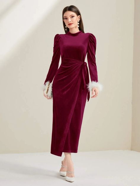 Fuzzy Cuff Puff Sleeve Tie Side Wrap Velvet Dress | SHEIN USA Sequin Halter Dress, Boutique Clothing Store, Plus Size Clothing Online, Modest Maxi, Backless Bodycon Dresses, Asymmetrical Hem Dress, Glamorous Dresses, Online Clothing Boutiques, Vintage Clothing Online