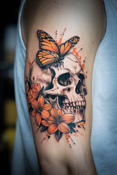 Unique Floral Skull Tattoos for a Feminine and Edgy Look Unique Forearm Tattoos For Women, Pretty Skull Tattoos For Women, Female Skull Tattoo, Skull With Flowers Tattoo, Skull Tattoos For Women, Hybrid Tattoo, Pretty Skull Tattoos, Roses Sleeve, Floral Skull Tattoos