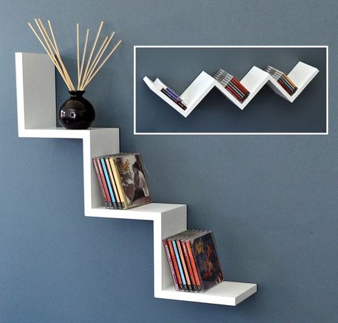 Wall Shelf Lounge Zig Zag Design Retro CD DVD Rack White New Corner Shelf Ideas, Ceiling Classic, Creative Bookshelves, False Ceiling Living Room, Home Decor Shelves, Wall Shelf Decor, Regal Design, Wall Shelves Design, Bookshelf Design