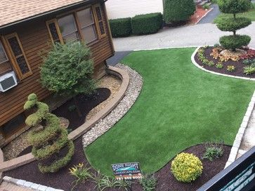 Synthetic Turf, Rubber Mulch & Stonescaping with Cobblestone Borders - contemporary - Spaces - Boston - Done Right Landscape & Construction Turf Patio, California Landscaping, Installing Artificial Turf, Rubber Mulch, Yard Area, Fence Installation, Artificial Lawn, Synthetic Turf, Landscape Construction