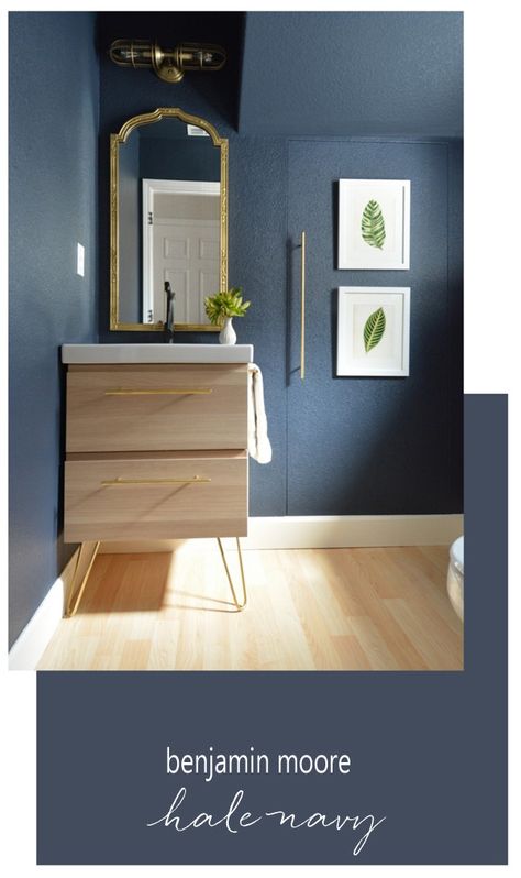 Navy Powder Room, Beautiful Powder Rooms, Kitchen Storage Hacks, Hale Navy, Powder Room Makeover, New Paint Colors, Ikea Bathroom, Kitchen And Bath Remodeling, Bathroom Walls