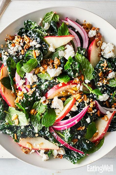 | Pinned to Loveleaf Co. Kale Pear Salad, Fiber Meals, Spring Dinners, Massaged Kale Salad, Fall Dinners, Massaged Kale, Sunday Dinners, Low Calorie Dinners, Favorite Salad