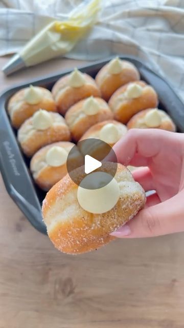 Desserts | Cakes | Pastries on Instagram: "First thought when you see this? 🍩Vanilla Cream Filled Donuts 

Recipe by @alqahtaninoof 

Dough (for 15 donuts):

	•	250 g 00 Caputo flour
	•	25 g sugar
	•	3 g salt
	•	5 g instant yeast
	•	5 g vanilla
	•	1 large egg (50 g)
	•	140 g milk
	•	25 g butter

Vanilla Pastry Cream:

	•	250 g milk
	•	110 g heavy cream (35%)
	•	½ vanilla bean
	•	2 egg yolks (40 g)
	•	25 g sugar
	•	25 g cornstarch
	•	60 g white chocolate
	•	25 g butter
	•	5 g gelatin powder (dissolved in 20 g water)

Instructions:

Pastry Cream:
Boil the milk, cream, and vanilla. In a separate bowl, mix egg yolks, sugar, and cornstarch. Slowly add the milk mixture while whisking. Cook for 2 minutes until thick, then mix in white chocolate, butter, and gelatin. Blend until smooth, chill for Italian Custard, Cream Filled Donuts, Gelatin Powder, Vanilla Pastry Cream, Vanilla Cream Filling, Homemade Donuts Recipe, Cakes Pastries, Donuts Recipe, Filled Donuts