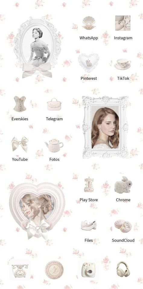 Old Money Pink Wallpaper, Vintage Iphone Theme Ideas, Dollete Homescreen, Old Money Phone Layout, Vintage Phone Layout, Home Screen Ideas Coquette, Coquette Layout Phone, Coquette Ios Layout, Vintage Phone Theme