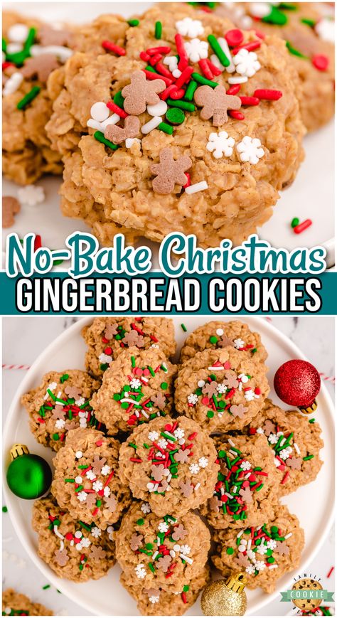 No Bake Gingerbread Cookies made easy with pudding mix, molasses, oats & a blend of warm spices to give these cookies the perfect gingerbread flavor! Gingerbread Dessert, Easy Gingerbread Cookies, Christmas Cookies Kids, Soft Ginger Cookies, Special Cookies, Easy No Bake Cookies, Christmas Sweet Treats, Soft Gingerbread Cookies, Christmas Gingerbread Cookies