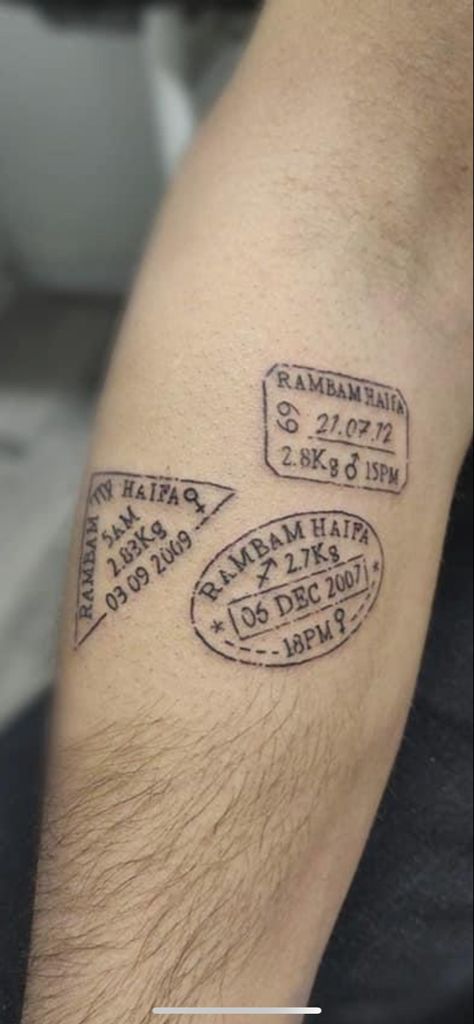 Concert Ticket Tattoo Ideas, Mail Stamp Tattoo, Passport Stamp Tattoo, Children Tattoo, Tattoo Stamps, Movie Tattoo, Mail Stamp, Passport Stamps, Tattoos For Kids