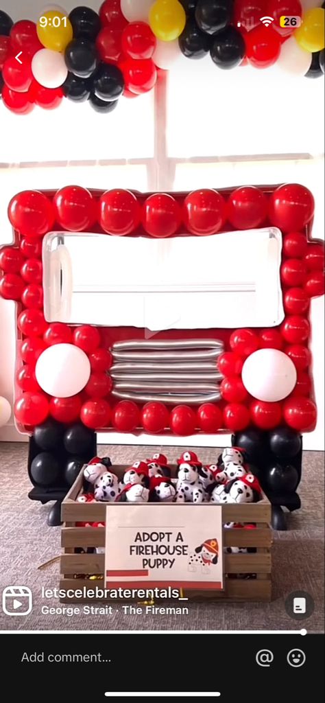 Fire Truck Party Centerpieces, Fire Truck Bday Party, Fireman’s Ball Decorations, First Responders Party Ideas, Three Year Old Fire Truck Birthday, First Birthday Fire Truck Theme, Fire Truck Police Car Ambulance Party, Fire Fighter Birthday Theme Cake, Fireman 3rd Birthday Party