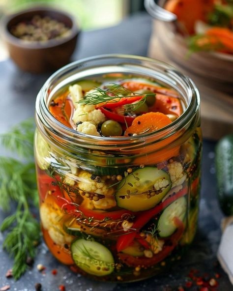 Crunchy Garden Pickle Medley! Mushroom Pickle Recipe, Pickled Recipes Canning, Canned Pickled Vegetables, Picked Vegetables Recipes, Easy Pickled Vegetables, Mediterranean Pickled Vegetables, Canning Pickled Vegetables, Vegetable Canning Recipes, Pickled Vegetables Giardiniera