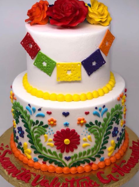 Mexican Birthday Cake, Fiesta Wedding Cake, Mexican Fiesta Cake, Three Tiered Cake, Mexican Fiesta Wedding, Mexican Cake, Mexican Theme Party, Mexican Birthday Parties, Fiesta Cake