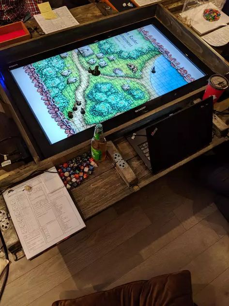 Mutt's Gaming table - Imgur Dnd Room, Dnd Table, Coffee Table Height, Oak Plywood, Tv Table, Gaming Table, Double Frame, Game Table, People Sitting