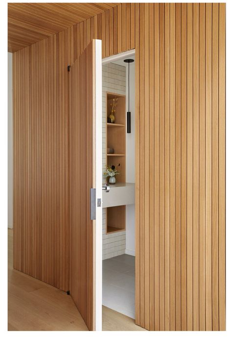 Bathroom Door Ideas, Hidden Doors In Walls, White Built Ins, Boho Bedroom Diy, Modern Entry, Wood Slat Wall, Wood Front Doors, Slatted Headboard, Headboard Wall