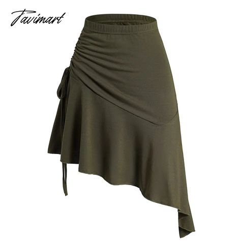 Tavimart Dressfo Plain Color Skirts Cinched Asymmetrical Hem Flounce Elastic Waist Mini Skirt Flowy Asymmetrical Skirt, Wrap Skirt Outfit Summer, Asymetric Skirt, Wrap Skirt Outfit, Mini Skirt Fits, Dark Green Skirt, Mini Skirt Summer, Skirt Aesthetic, Modest Dresses Casual