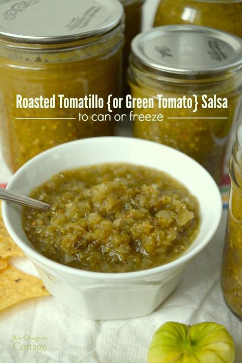 Make this delicious salsa verde with roasted tomatillos OR green tomatoes to use your garden produce! You can then water bath can it or freeze it for winter tacos, dip, and enchiladas. #salsa #tomatillos #salsaverde Green Tomato Chili Verde, Freeze Salsa, Easy Salsa Verde Recipe, Freeze Fruit, Green Tomato Salsa, Mexican Entrees, Tomato Salsa Recipe, Green Tomato Recipes, Roasted Tomatillo