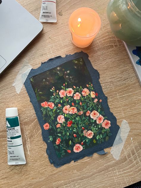 Rose painting by gouache Rose Painting Tutorial, Gouache Flowers, State Flowers, New York Wall Art, Zoe Lee, Lotus Art, Flower Painting Canvas, Small Wall Art, Acrylic Gouache