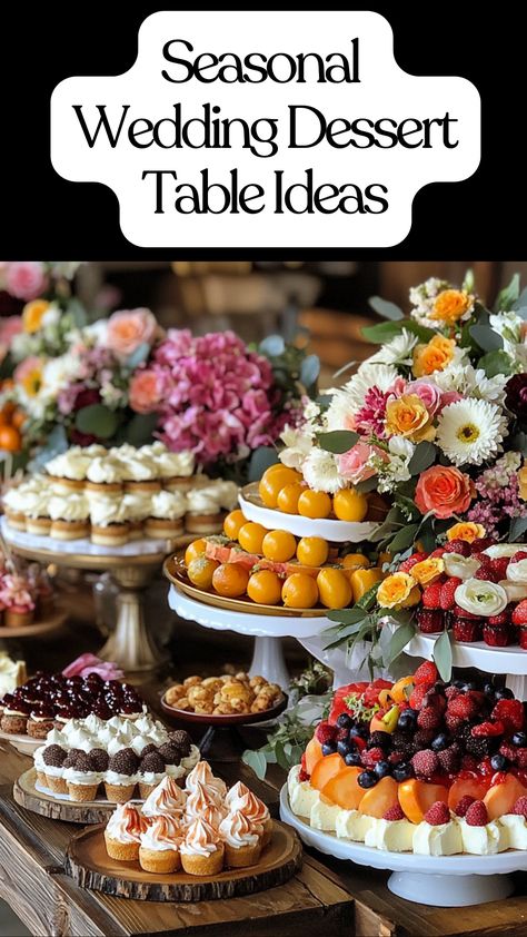 Seasonal wedding dessert table with fresh spring florals, vibrant summer fruits, warm autumn spiced treats, and cozy winter desserts arranged to match the wedding theme. Nontraditional Wedding Dessert, Elegant Wedding Desserts, Summer Wedding Dessert Table, Mini Pies For Wedding, Easy Wedding Desserts, Wedding Pie Table, Winter Dessert Table, Dessert Centerpiece, Dessert Tables Wedding