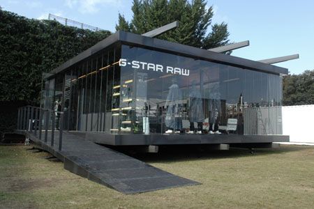 Tokyo design week: Denim brand G-Star Raw built a pavilion at Tokyo Designer's Week last month, to display the brand's new collections. The pavilion is the latest in G-Star Raw's Cross Over Concepts series of projects, which explores the application of the brand's aesthetics to objects other than textiles. The design team says that the More Pavilion Concept, Shipping Container Design, Container Restaurant, Container Cafe, Retail Architecture, Container Conversions, Container Office, Container Buildings, Tokyo Design