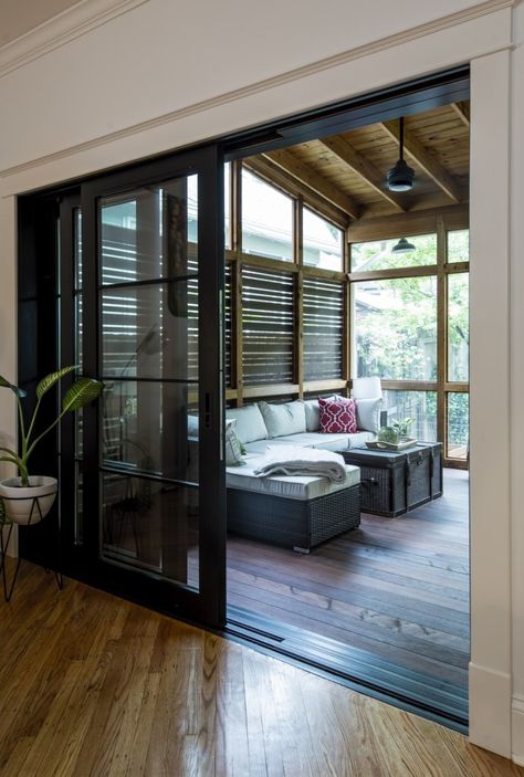 Porch Sliding Doors, Bedroom Patio Doors, Sliding Window Design, Porch Pictures, French Doors With Screens, Sliding Doors Exterior, Sliding Screen Doors, Exterior House Remodel, Porch Addition