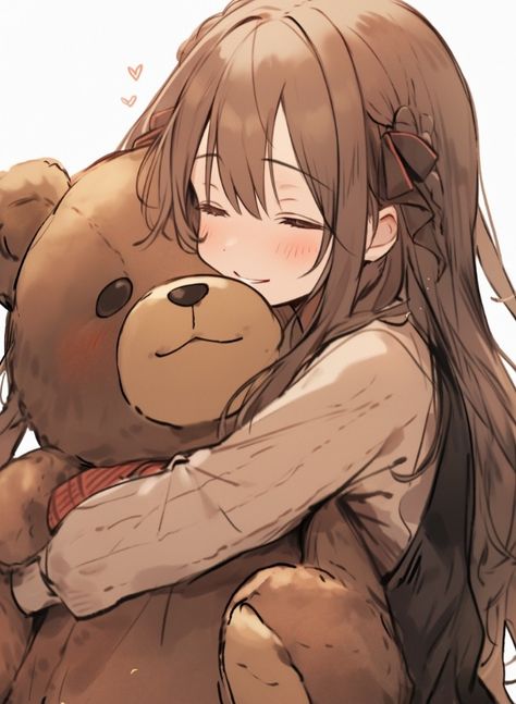 Girl hugging giant teddy Anime People Hugging, Holding Teddy Bear Reference Drawing, Anime Hugging Poses, Anime Hug Cute, Hugging Stuffed Animal Drawing Reference, Bear Girl Oc, How To Draw Teddy Bear, Hugging Teddy Bear Pose Reference, Teddy Bear Character Design