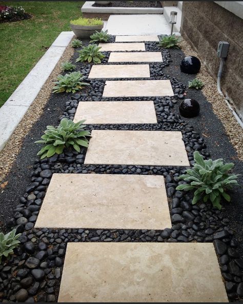 Side Entrance Landscaping Ideas, Stone Pathway Side Of House, Paver Pathway To Front Door, Black Stone Walkway, Flagstone And Pebble Patio, Small Backyard Pathway Ideas, Backyard Paver Pathway Ideas, Large Rectangular Pavers, Sidewalk Entrance Ideas