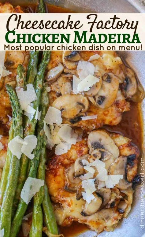 Cheesecake Factory's most popular chicken dish! Chicken, mushrooms, asparagus, cheese and a buttery madeira wine sauce. Perfect copycat! Asparagus Mushroom Chicken, Chicken Madiera Recipes, Pounded Chicken Recipes, Elegant Chicken Recipes, Cheesecake Factory Chicken Madeira, Cheesecake Factory Chicken, Copycat Dinner, Asparagus Cheese, Chicken Madeira