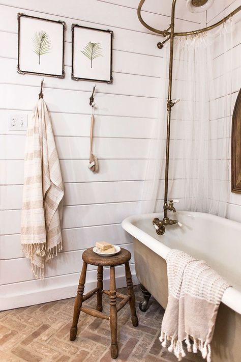 Upstairs Bathroom: Cottage House Flip Reveal | Jenna Sue Design Blog Floor Herringbone, Baie Vintage, Vintage Farmhouse Bathroom, Boho Bungalow, Farmhouse Bathroom Remodel, Farmhouse Bathroom Design, Farmhouse Bathroom Decor Ideas, Bungalow Renovation, Tile Remodel