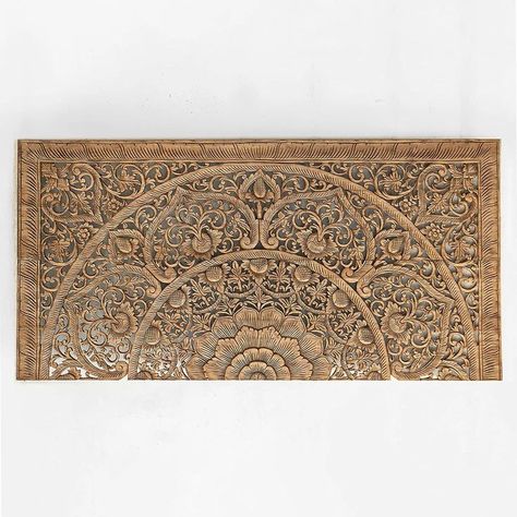 Intricate floral wood carved bed headboard in weather brown finish. Bed Headboard Wall, King Size Bed Headboard, Carved Beds, Hand Carved Teak, Teak Wood Furniture, Bohemian Interior Design, Hanging Furniture, Furniture Rustic, Headboard Wall