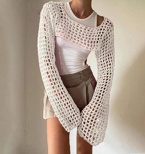 Women's Mesh Crochet Crop Tops Shrugs Sexy Y2k Hollow Out Cropped Knit Sweater See Through Bikini Cover Ups Casual Summer Skirt, Summer Cover Up, Knitted Crop Top, Blazer Casual, White Boho Dress, Cropped Tops, Moon Print, Swimsuit Dress, Cami Crop Top