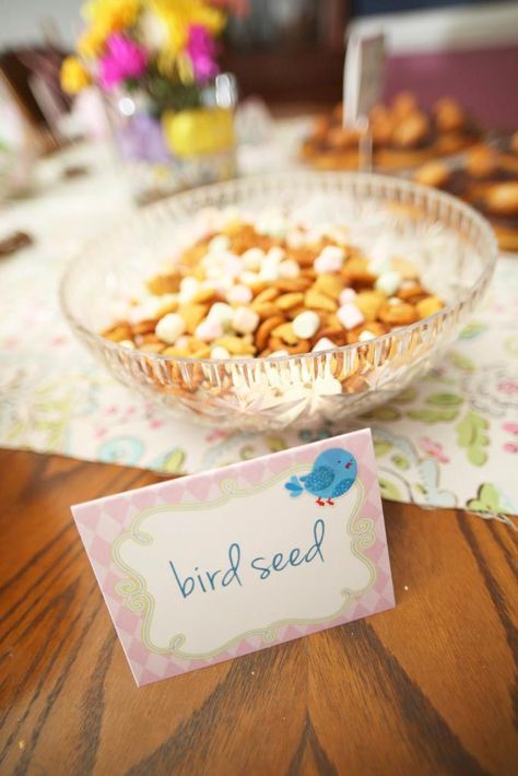 bird see (aka trail mix and marshmallows) Bird Theme Party Food, Bird 1st Birthday Party, Bird Themed Birthday Party Food, Bird Party Food, Bird Birthday Theme, Bird Party Theme, Thumbprint Canvas, Bird Birthday Party Ideas, Bird Themed Birthday Party