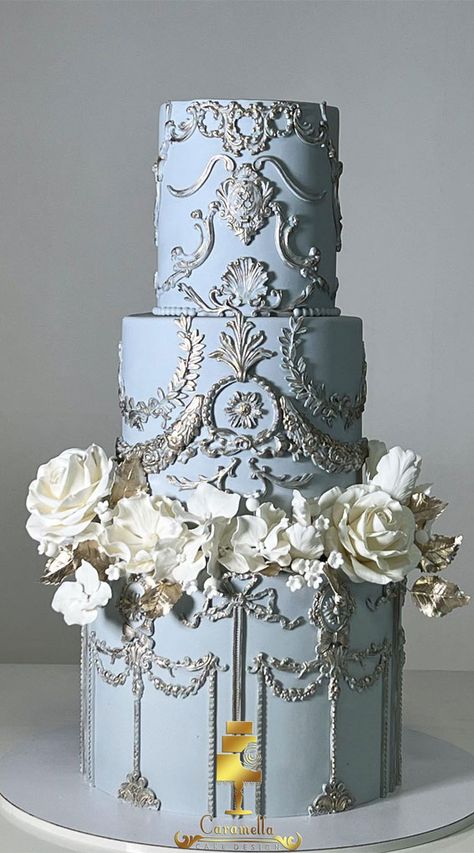 Elegant Bliss Wedding Cake Ideas : Light Dusty Blue and Gold Cake Luxe Wedding Cake, Dusty Blue 2 Tier Wedding Cake, Cinderella Themed Wedding Cake, Blissful Wedding Cake, Regal Wedding Cake, Four Tier Wedding Cakes, Greek Mythology Cake, Two Tier Wedding Cake Elegant, Wedding Cake Light Blue