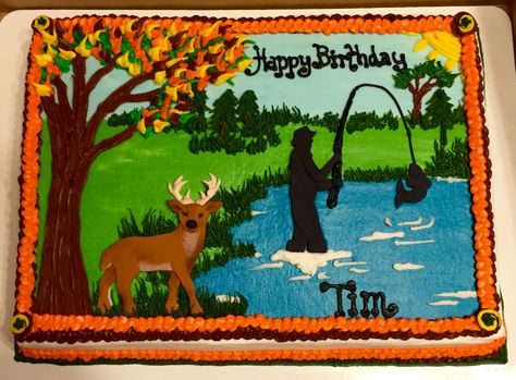 Fishing/hunting themed sheet cake #decoratedsheetcakes #sheetcakesdonthavetobeboring #fishingcakes Hunting Birthday Cakes, Fisherman Cake, Fish Cake Birthday, Fishing Cake, Hunting Cake, Hunting Birthday, Hunting Themes, Birthday Sheet Cakes, Birthday Cakes For Men