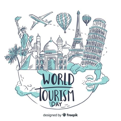 Hand drawn world tourism day with famous... | Free Vector #Freepik #freevector #background #label #car #travel Tourism Drawing, World Tourism Day, Tourism Day, Tourism Poster, Travel Drawing, Sustainable Tourism, Travel Illustration, Famous Landmarks, Graphic Editing