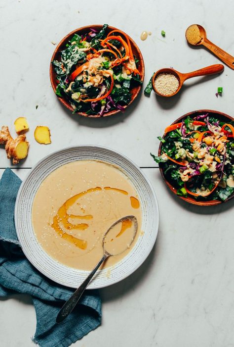 DELICIOUS Ginger Garlic Miso Tahini Dressing! 10 minutes, 8 ingredients, BIG flavor! #glutenfree #plantbased #miso #tahini #recipe #minimalistbaker How To Make Tahini, Miso Tahini, Tahini Salad, Grain Bowl Recipe, Tahini Salad Dressing, Asian Inspired Salad, Vegan Ranch Dressing, Massaged Kale, Vegan Dressing