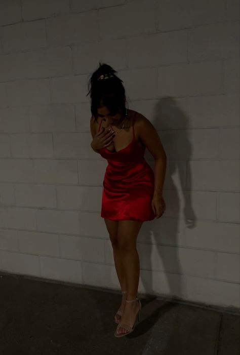 metallic red dress parking garage photoshoot Parking Garage Photoshoot, Garage Photoshoot, Parking Garage, Red Dress, Bodycon Dress, Garage, Satin, Red