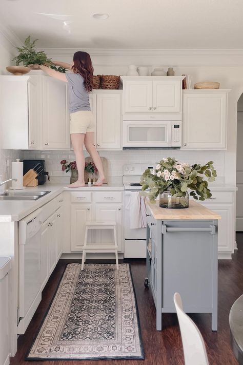 Baskets On Top Of Kitchen Cabinets, Baskets Above Kitchen Cabinets, Decorate Top Of Kitchen Cabinets, Above Cabinet Decor Kitchen, Character Kitchen, How To Decorate Above Kitchen Cabinets, Top Of Cabinet Decor, Decor Above Kitchen Cabinets, Above Cabinet Decor