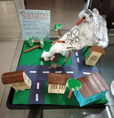 Tornado Diorama, Tornado Project, Tornado Craft, Tornado Model, Earth Science Projects, Art Drawing Ideas, Tornado Damage, Model School, Science Projects For Kids